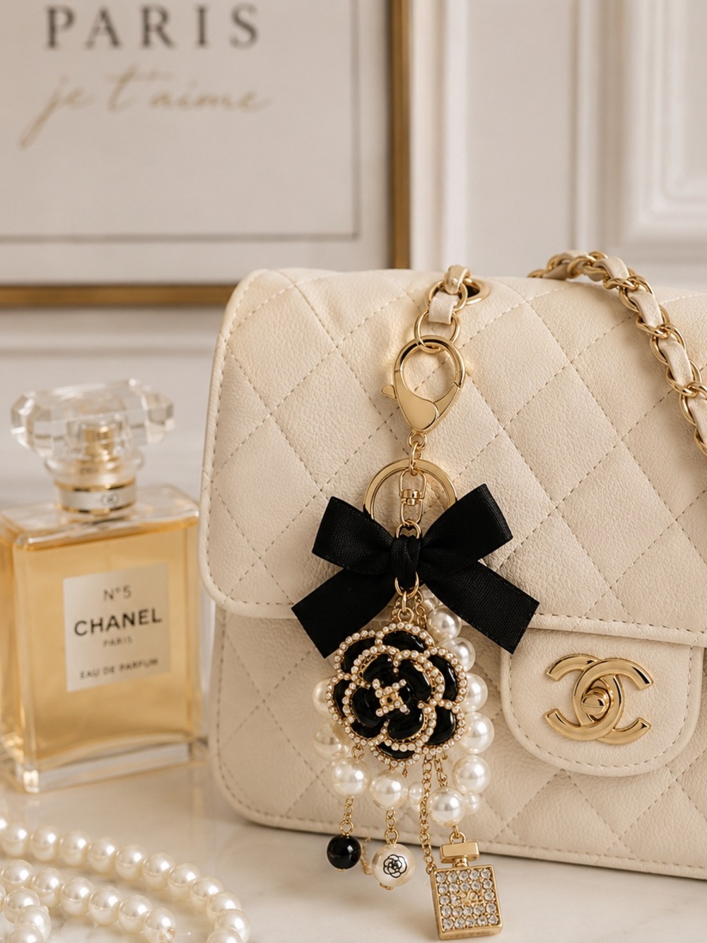 Black Camellia Pearl & Perfume Bottle Bag Charm Keychain
